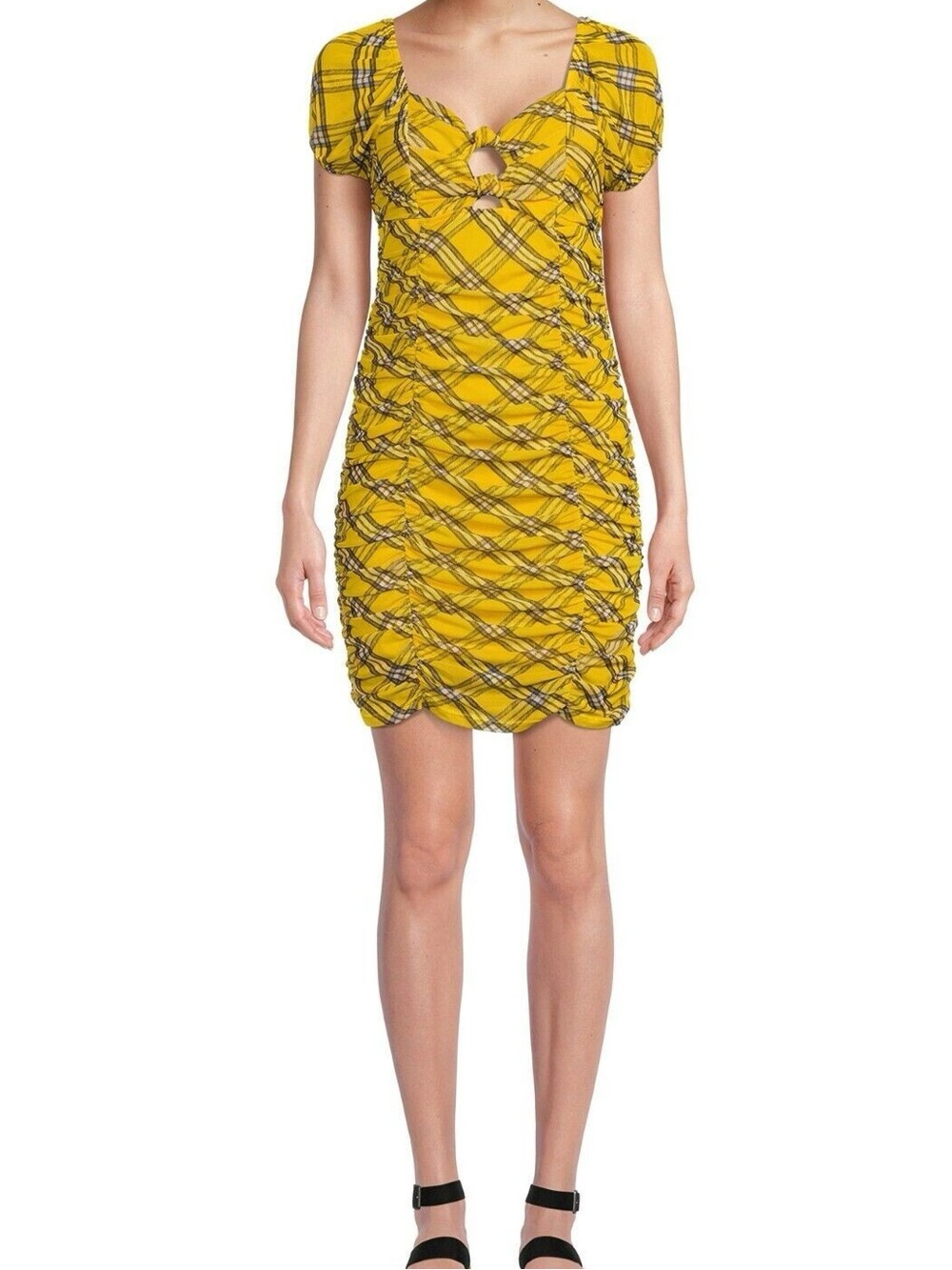 Madden NYC Yellow & Black Plaid Tartan Ruched Mini Dress Clueless 90’s Style M